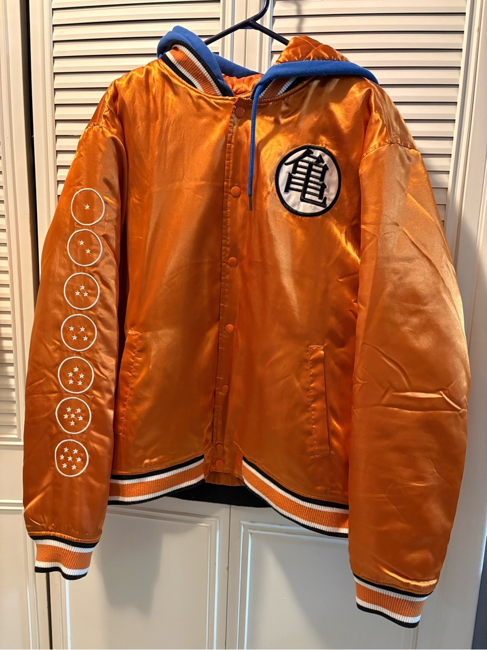 Orange Satin Hooded Jacket with White Dragon Ball Sleeve Graphics